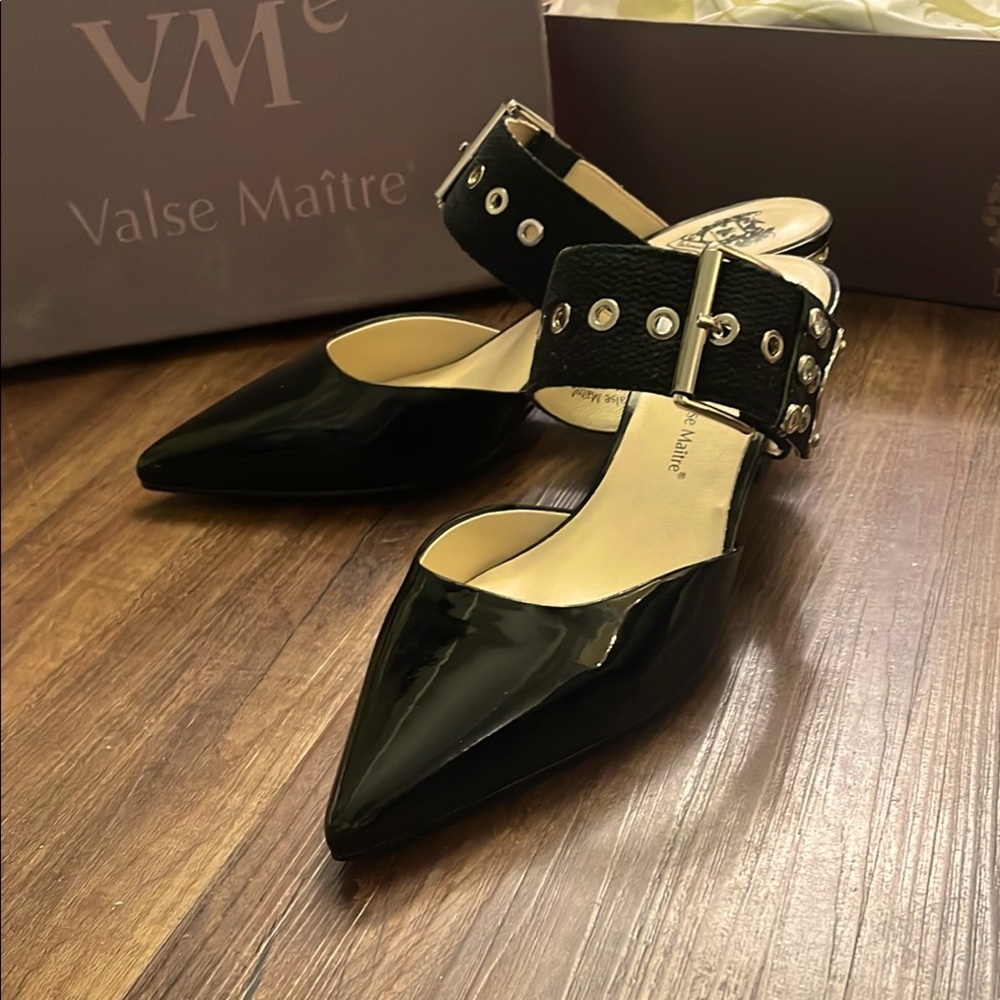 Black Patent Leather Slingback Heels with Ankle Straps